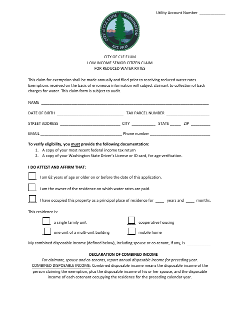 First page of the Low Income Senior Citizen Claim for Reduced Water Rates