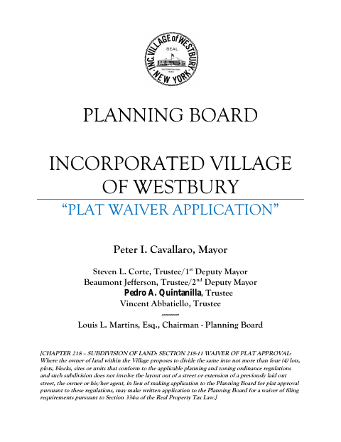 First page of the Plat Waiver Application