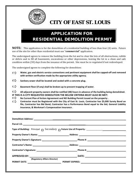 First page of the Residential Demolition Permit Application
