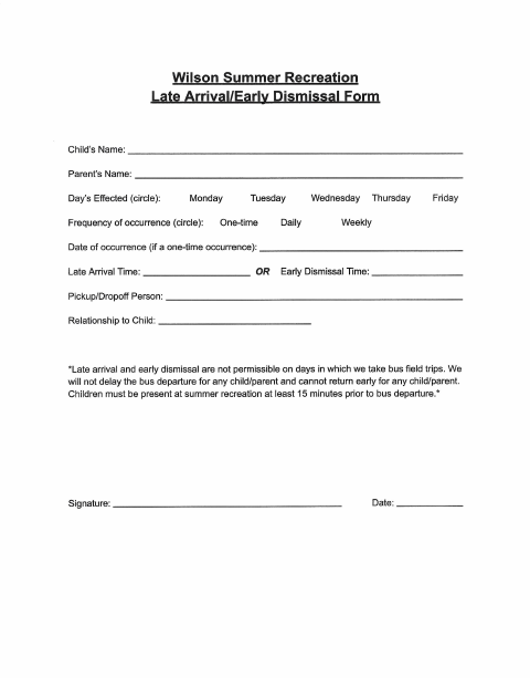 First page of the Late Arrival Early Dismissal Form