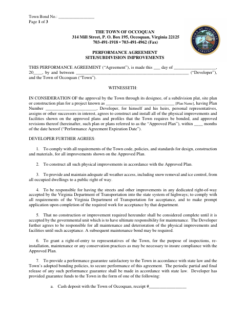 First page of the Site Improvement Performance Agreement