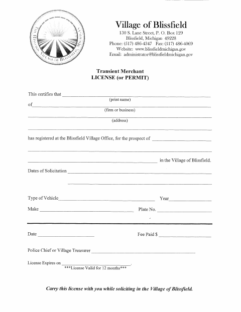 First page of the Transient Merchant Permit