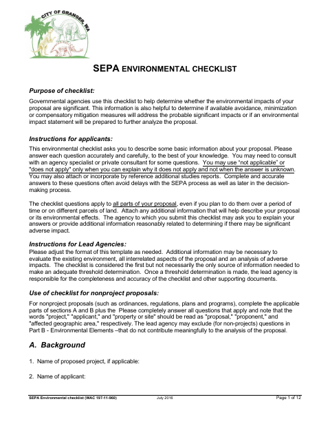 First page of the SEPA Environmental Checklist