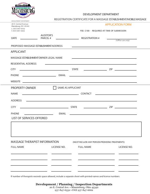 First page of the Massage Establishment Application