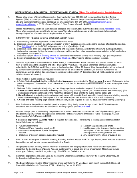 First page of the Short-Term Residential Rental Special Exception Renewal