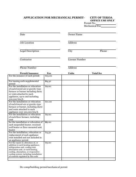 First page of the Application for Mechanical Permit