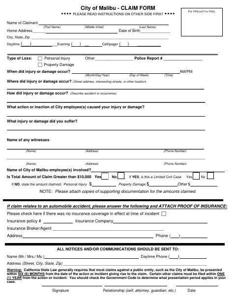 First page of the Claim Form