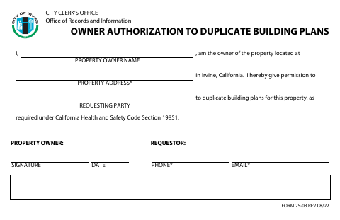 First page of the Owner Authorization to Duplicate Building Plans
