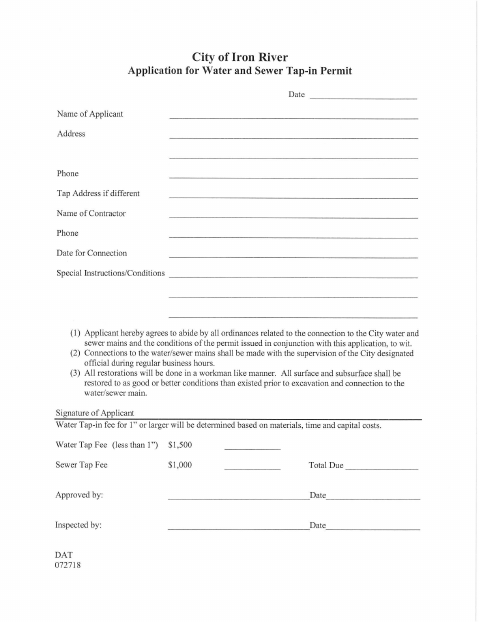First page of the Water and Sewer Tap-In Permit Application