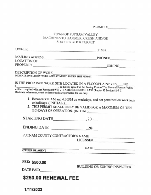 First page of the Hammer, Crush And/Or Shatter Rock Permit