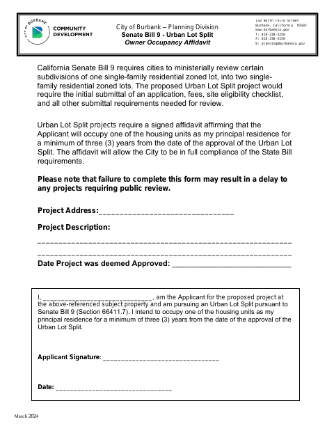 First page of the SB 9 Urban Lot Split Owner Occupancy Affidavit