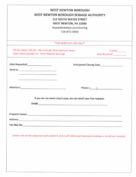 First page of the Municipal Lien Letter Request