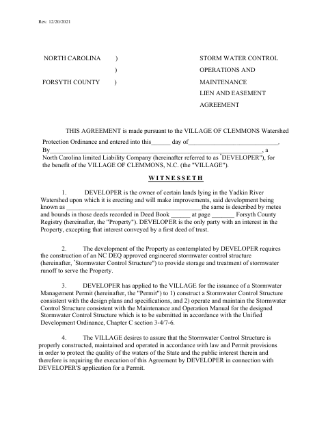 First page of the Storm Water Control Operations and Maintenance Lien and Easement Agreement