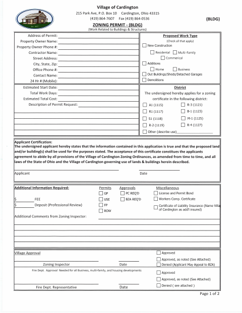 First page of the Building Zoning Permit and License Bond