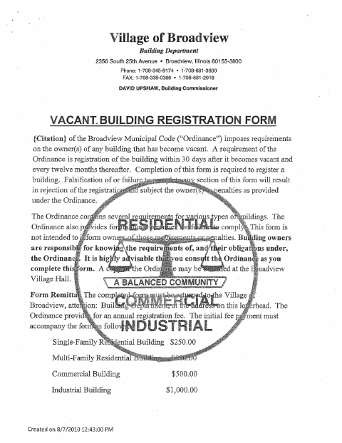 First page of the Vacant Property Registration