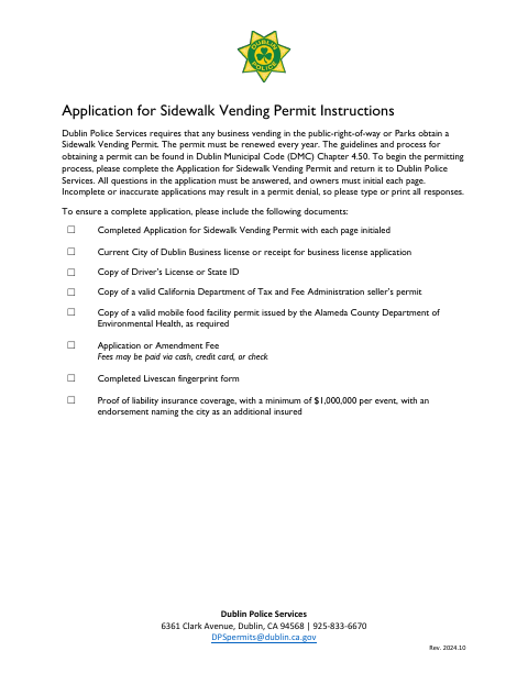 First page of the Application for Sidewalk Vending Permit