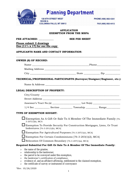 First page of the Application for Exemption From the MSPA Fee