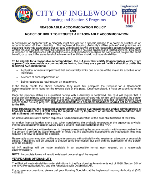 First page of the Reasonable Accommodation Policy And Notice Of Right To Request A Reasonable Accommodation