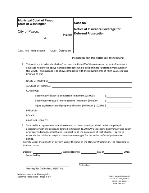 First page of the Notice of Insurance Coverage for Deferred Prosecution