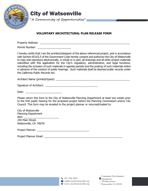 First page of the Voluntary Architectural Plan Release Form