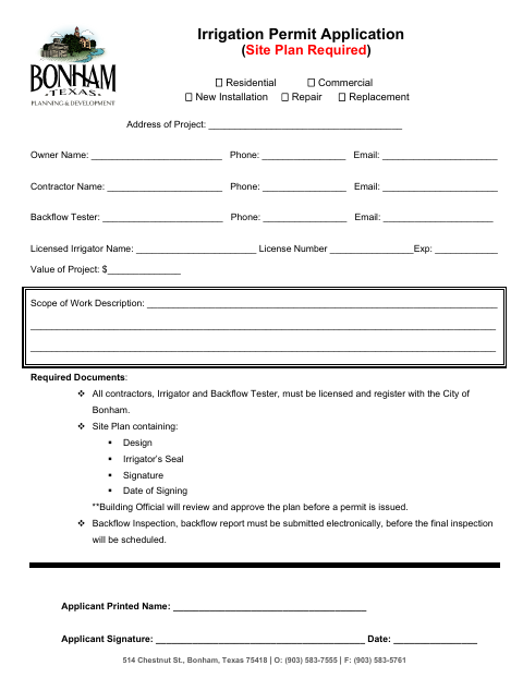 First page of the Irrigation Permit Application (Site Plan Required)