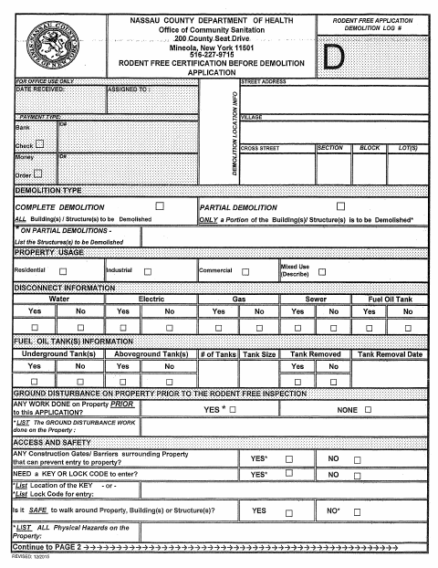 First page of the Rodent Free Certification Before Demolition Application