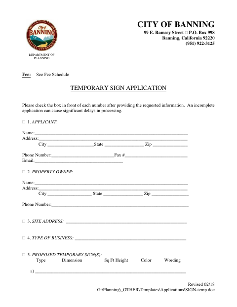 First page of the Temporary Sign Application