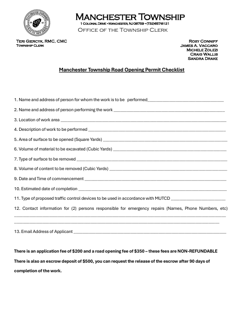 First page of the Road Opening Permit Checklist