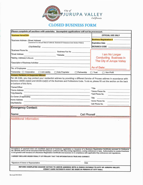 First page of the Closed Business Form