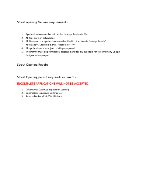First page of the Street Opening Application