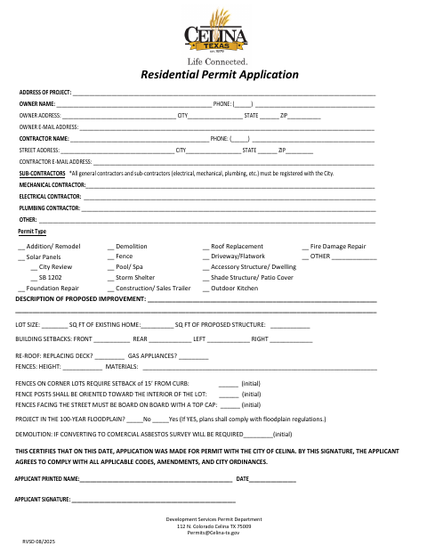 First page of the Residential Permit Application
