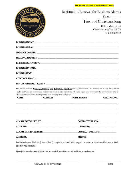 First page of the Business Alarm Registration Form