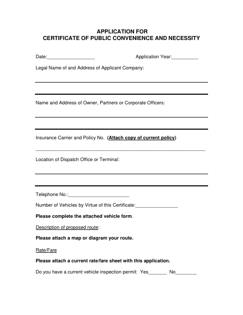 First page of the Application for Certificate of Public Convenience and Necessity