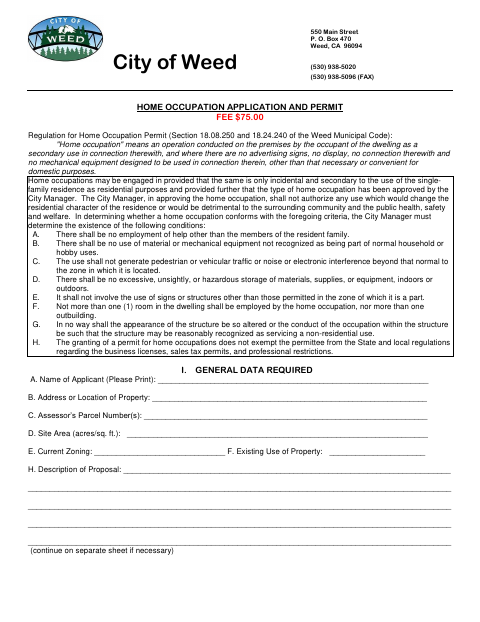 First page of the Home Occupation Application and Permit