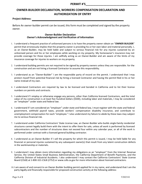 First page of the Owner-Builder Declaration, Workers Compensation Declaration and Authorization of Entry