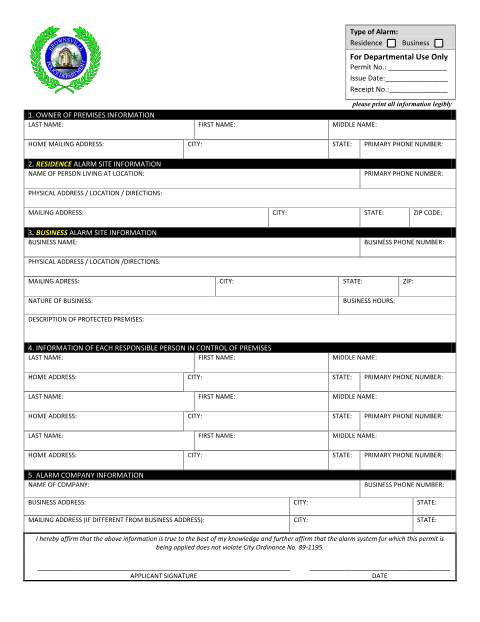 First page of the Application for Alarm Permit