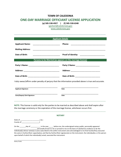 First page of the One-Day Marriage Officiant License Application