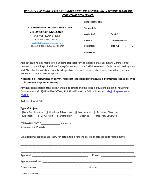 First page of the Building/Demolition Permit Application