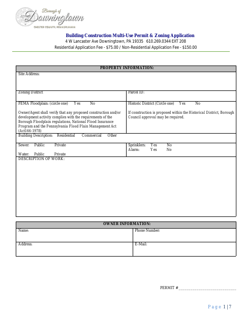 First page of the Building Construction Multi-Use Permit & Zoning Application