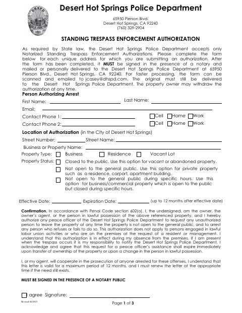First page of the Standing Trespass Enforcement Authorization