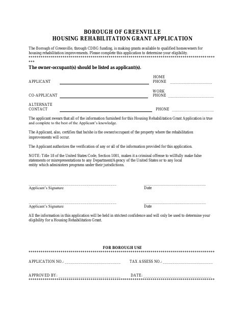First page of the Housing Rehabilitation Grant Application