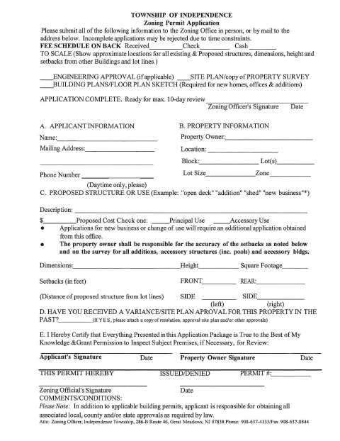 First page of the Zoning Permit Application
