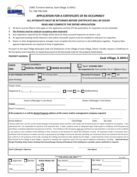 First page of the Application for a Certificate of Re-Occupancy