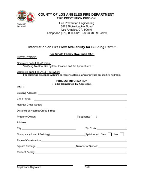 First page of the Information on Fire Flow Availability for Building Permit for Single Family Dwellings