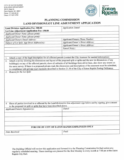 First page of the Land Division/Lot Line Adjustment Application