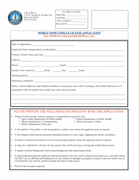First page of the Mobile Food Vehicle License Application