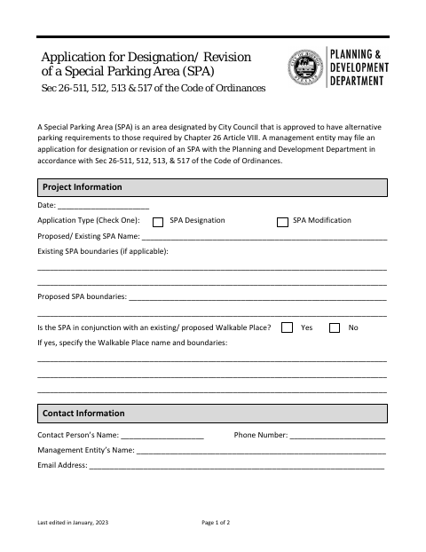 First page of the Application for Designation or Revision of a Special Parking Area