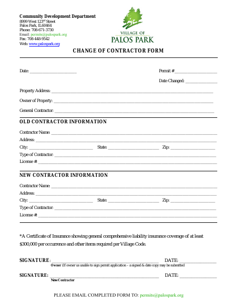 First page of the Change of Contractor Form