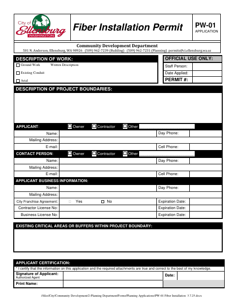 First page of the Fiber Installation Permit Application
