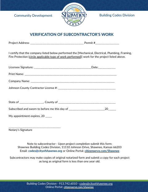 First page of the Verification of Subcontractor’s Work
